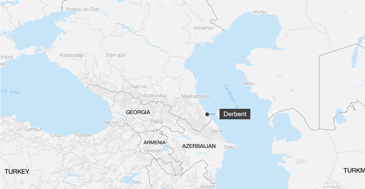 Vị trí thành phố Derbent và Makhachkala của Cộng hòa Dagestan thuộc Nga. Đồ họa: Open Street