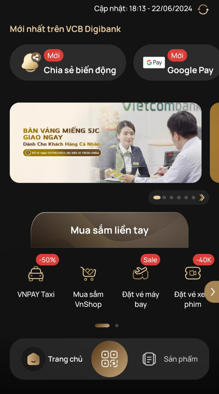 Ngân hàng sắp bán vàng qua app- Ảnh 1. Bên cạnh các tính năng hiện hữu, sắp tới Vietcombank sẽ bán vàng qua app - Ảnh chụp màn hình