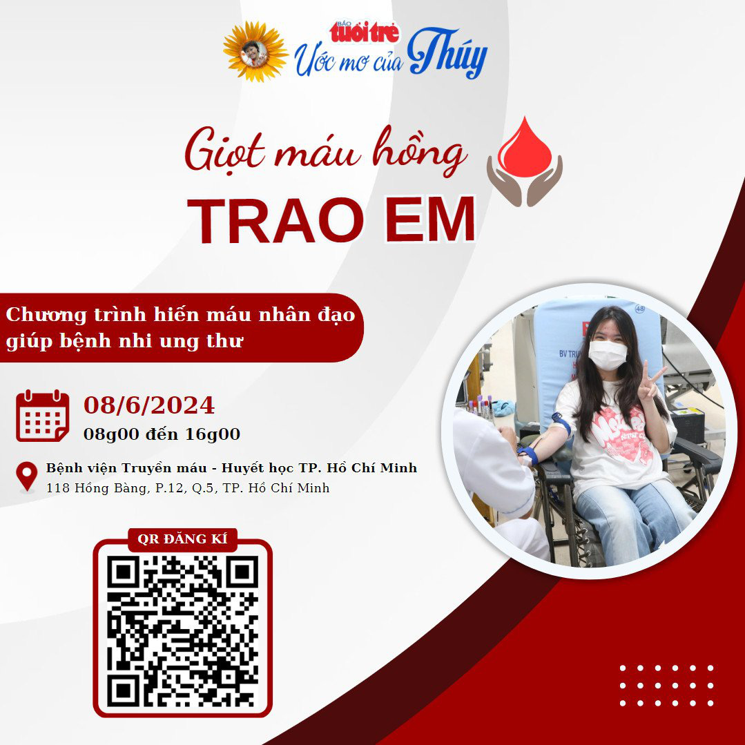 Mời hiến máu giúp bệnh nhi ung thư- Ảnh 1. Mời bạn đọc cùng hiến máu nhân đạo giúp bệnh nhi ung thư trong chương trình "Ước mơ của Thúy" của báo Tuổi Trẻ
