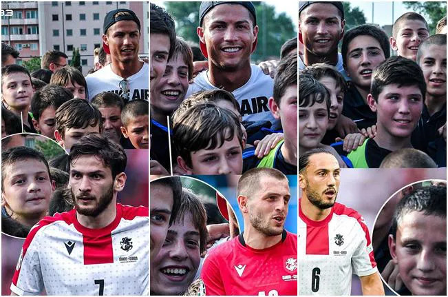 Ronaldo chụp ảnh cùng cầu thủ học viện bóng đá Dinamo Tbilisi tại Gruzia năm 2013, sau này nhiều người trở thành tuyển thủ dự Euro 2024.