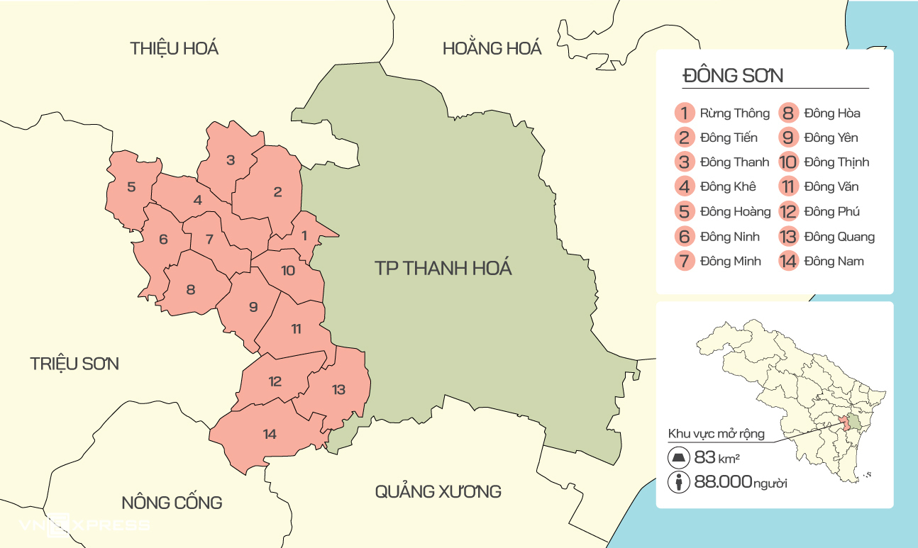 Đô thị Thanh Hóa mới sẽ bao gồm huyện Đông Sơn. Đồ họa: Tiến Thành