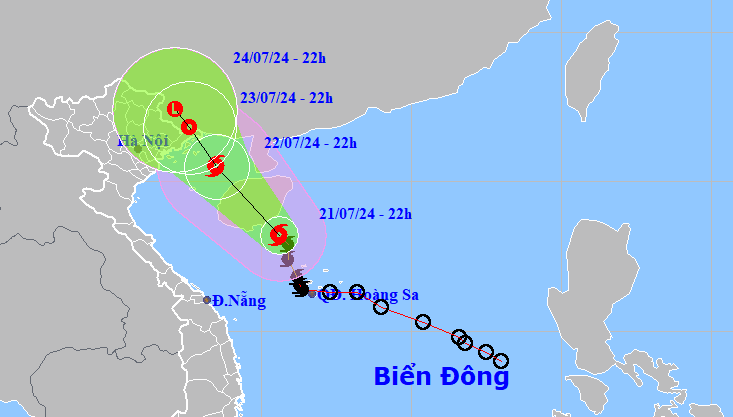 Bão số 2 tăng cấp, đêm nay Bắc Bộ mưa to- Ảnh 1. Vị trí và hướng di chuyển bão số 2 lúc 22h tối 21-7 - Ảnh: NCHMF