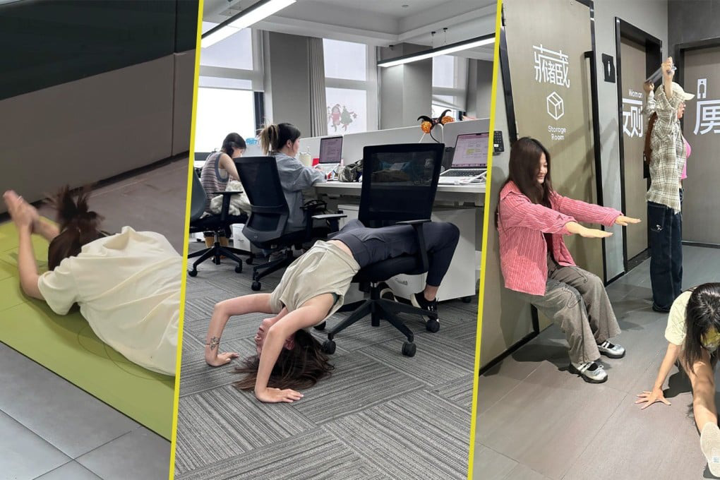 Giới công sở Trung Quốc sử dụng nhiều phương pháp dã chiến để tập thể dục ngay tại văn phòng - Ảnh: SCMP Giới công sở Trung Quốc sử dụng nhiều phương pháp dã chiến để tập thể dục ngay tại văn phòng - Ảnh: SCMP