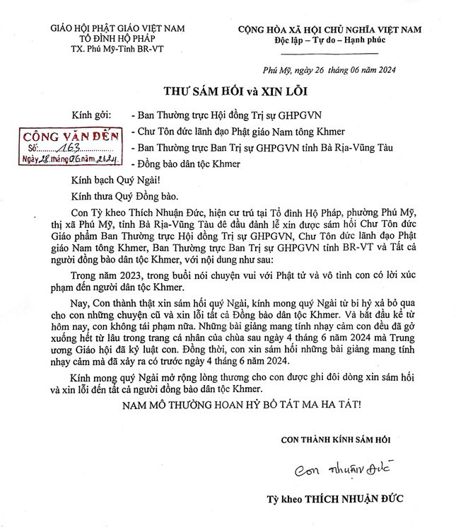 Thư sám hối và xin lỗi đồng bào Khmer của Đại đức Thích Nhuận Đức - Nguồn: Ban Trị sự GHPGVN tỉnh Bà Rịa - Vũng Tàu Thư sám hối và xin lỗi đồng bào Khmer của đại đức Thích Nhuận Đức - Nguồn: Ban Trị sự Giáo hội Phật giáo Việt Nam tỉnh Bà Rịa - Vũng Tàu