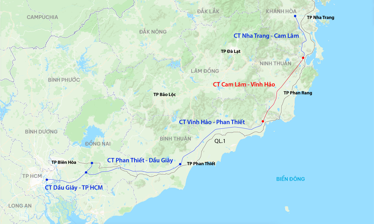 Cam Lâm - Vĩnh Hảo là một trong 5 đoạn cao tốc nối TP HCM với Nha Trang. Đồ họa: Đăng Hiếu