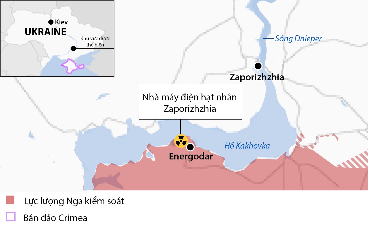 Vị trí nhà máy điện hạt nhân Zaporizhzhia và thành phố Energodar. Đồ họa: BBC
