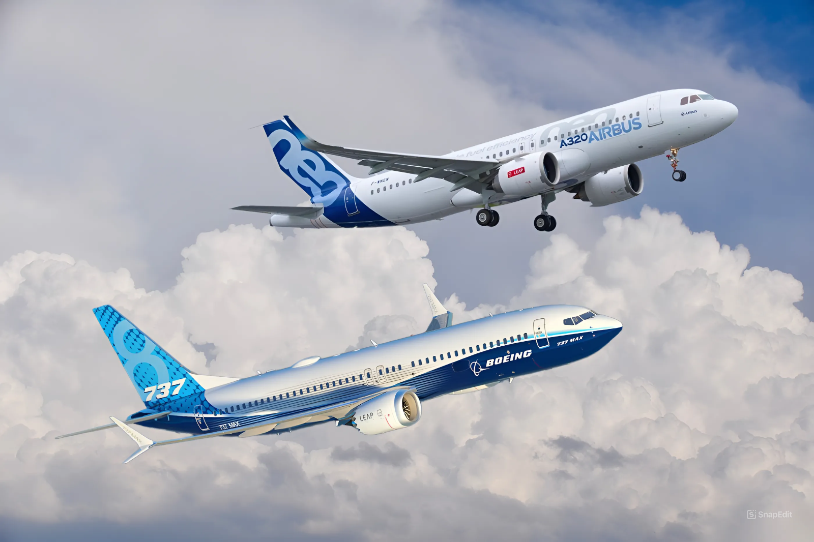 Ảnh ghép mẫu Airbus 320neo (trên) và Boeing 737 Max (dưới). Ảnh máy bay từ các hãng