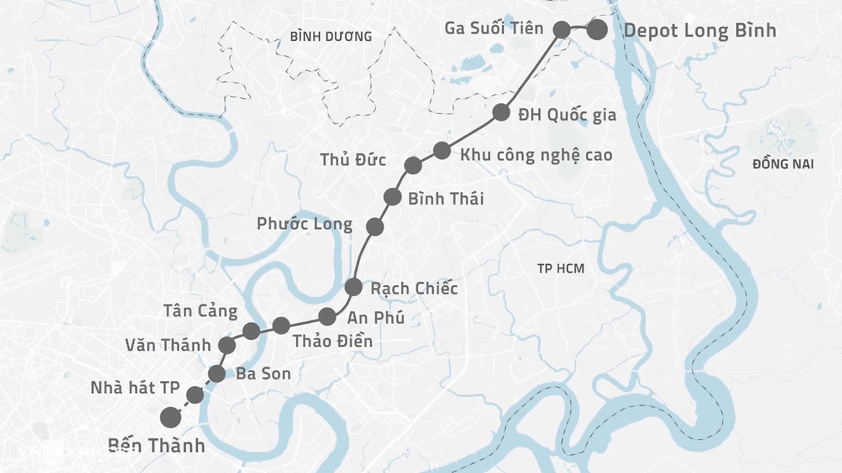 Lộ trình tuyến Metro Bến Thành - Suối Tiên. Đồ họa: Khánh Hoàng