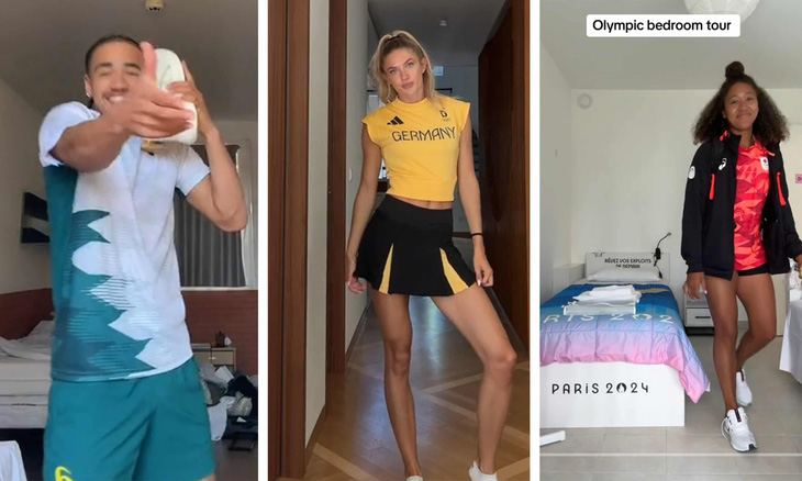 Từ trái qua: video TikTok khoe trang phục được tài trợ của vận động viên điền kinh Tayleb Willis (Úc), Alica Schmidt (Đức) và video thử giường carton của vận động viên quần vợt Naomi Osaka (Nhật Bản) - Ảnh: GUARDIAN Trend Olympic tràn ngập sôi động trên TikTok- Ảnh 1.