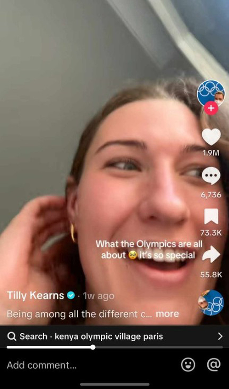 Ảnh chụp màn hình video chia sẻ không khí tích cực tại làng Olympic của vận động viên bóng nước Tilly Kearns (Úc) - Ảnh chụp màn hình Trend Olympic tràn ngập sôi động trên TikTok- Ảnh 2.