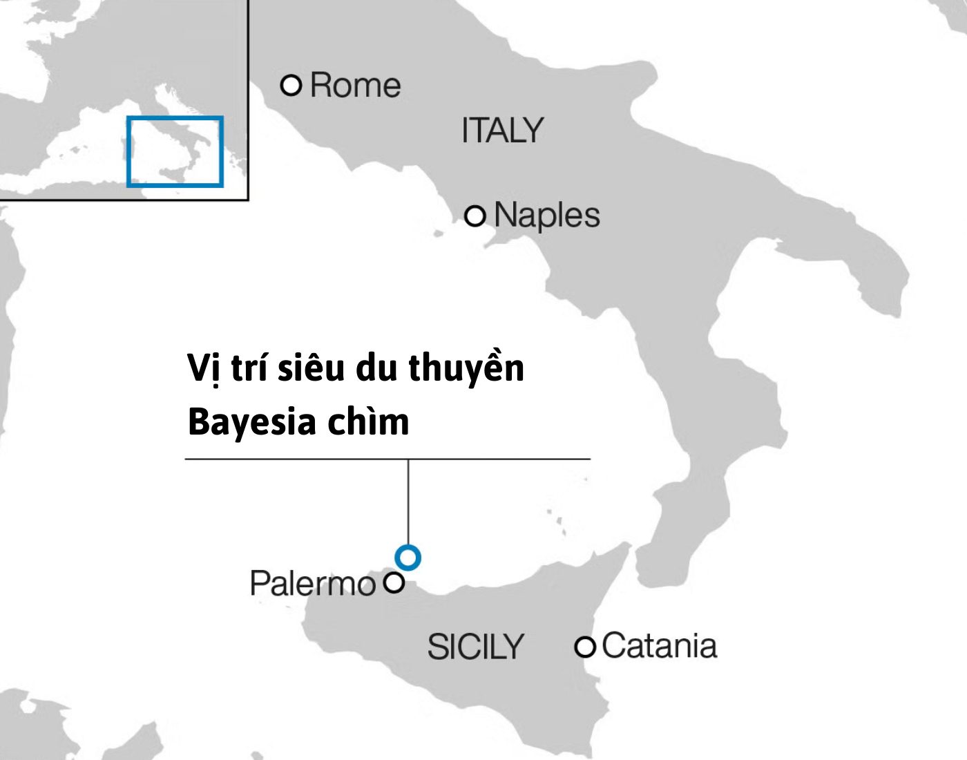 Vị trí du thuyền Bayesian chìm ngoài khơi Sicily. Đồ họa: Independent