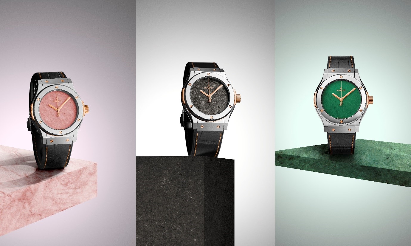 Từ trái qua là các phiên bản Pink Jasper, Lunar Meteorite và Nephrite Jade trong bộ sưu tập Classic Fusion Elements II. Ảnh: Hublot