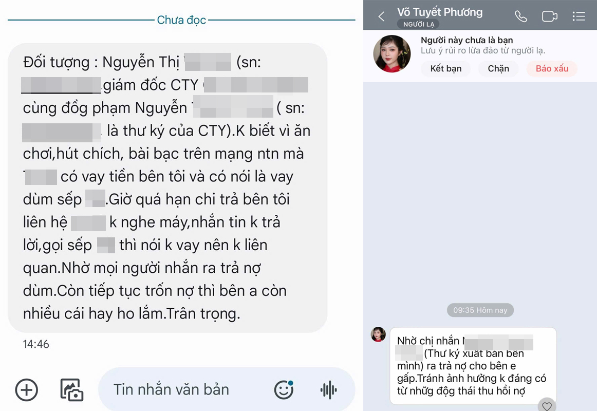 Sếp chị Thủy và đồng nghiệp bị kẻ xấu nhắn tin khủng bố. Ảnh: Chụp màn hình