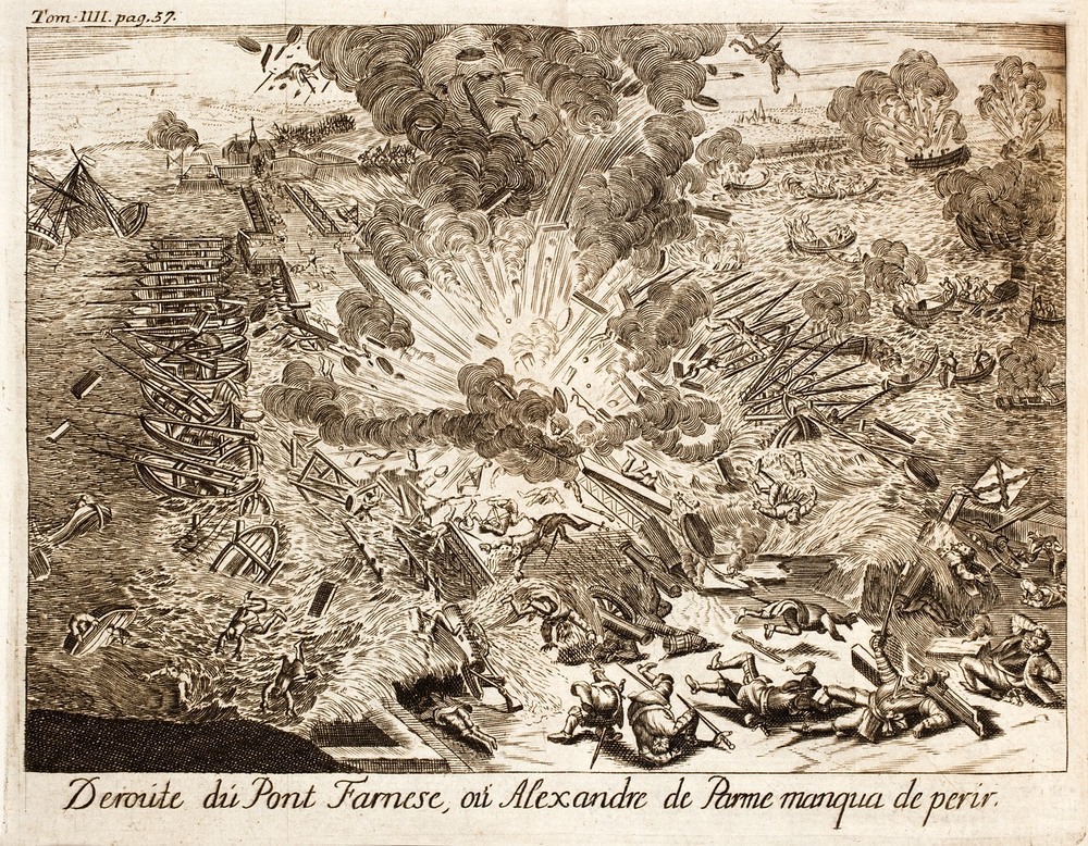 Minh họa thuyền hellburner phát nổ ở Antwerp năm 1585. Ảnh: Amusing Planet