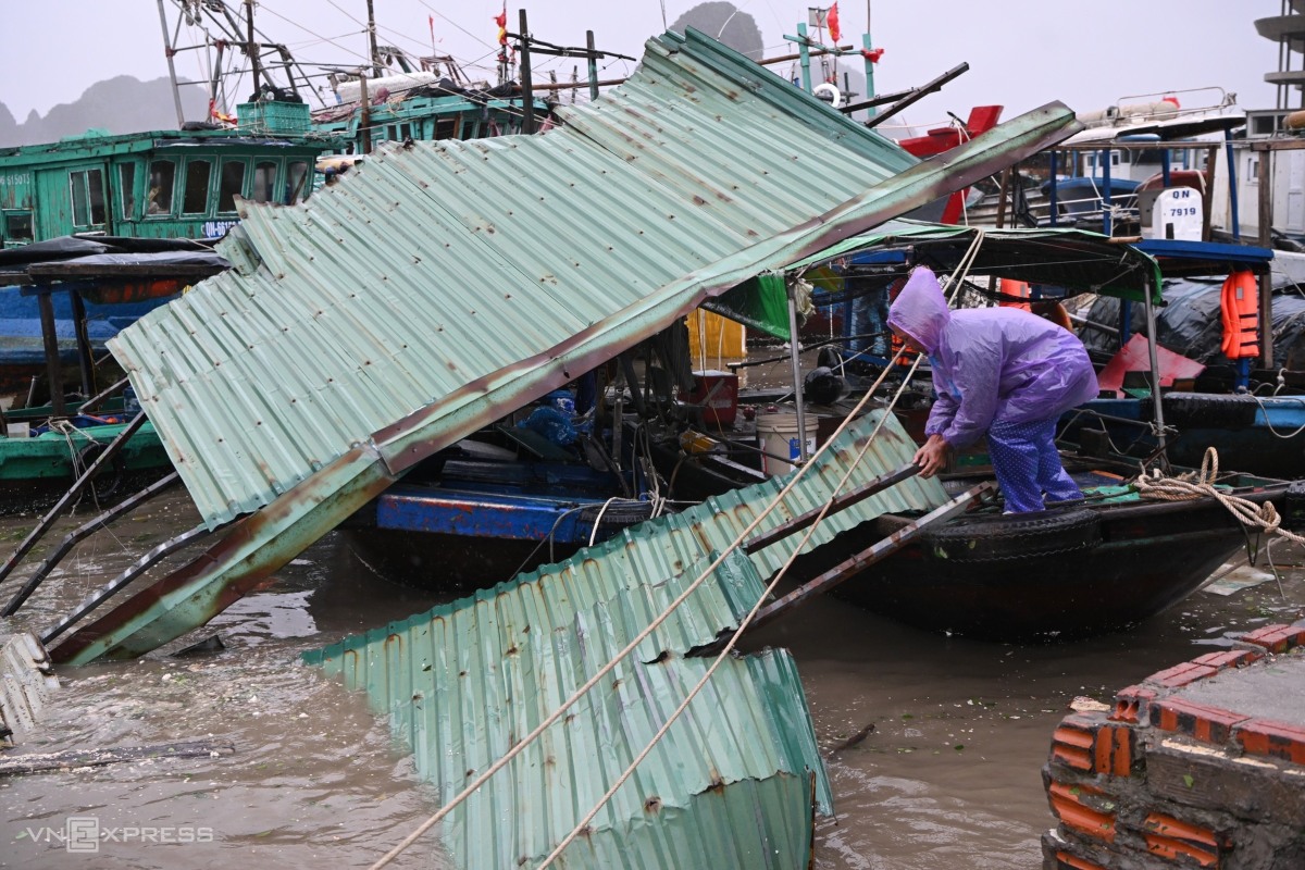 Những tấm tôn bay đè lên thuyền tránh bão bên cảng Cái Rồng, huyện Vân Đồn ngày 7/9. Ảnh: Giang Huy