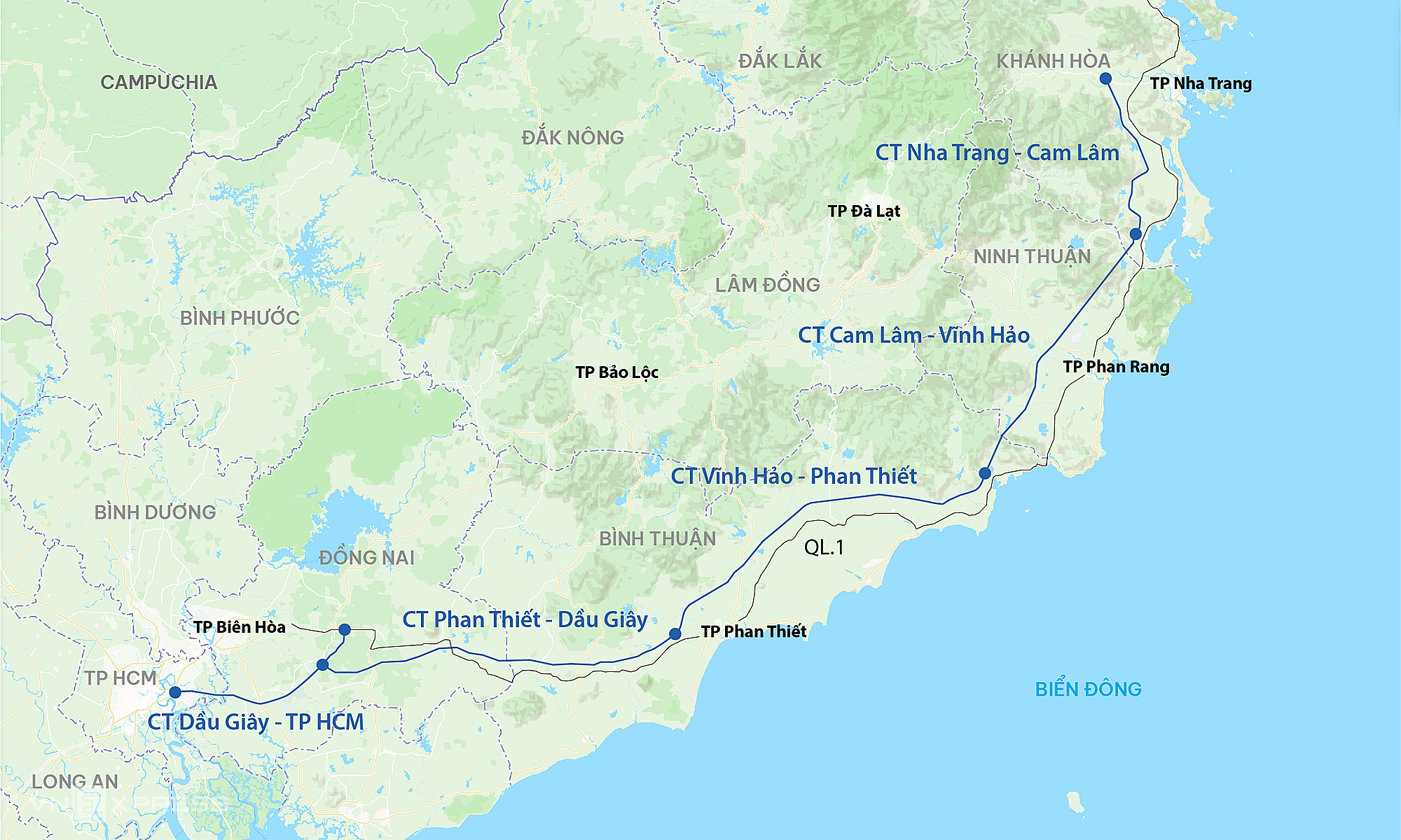 Hướng tuyến cao tốc Vĩnh Hảo - Phan Thiết. Ảnh: Đăng Hiếu