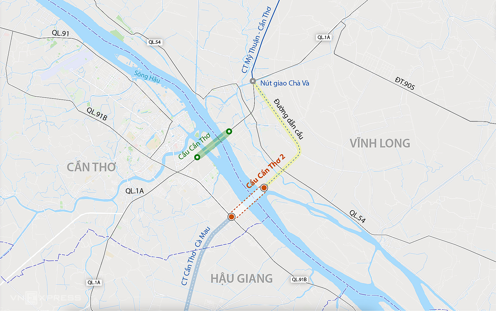 Hướng tuyến cầu Cần Thơ 2. Đồ hoạ: Đăng Hiếu