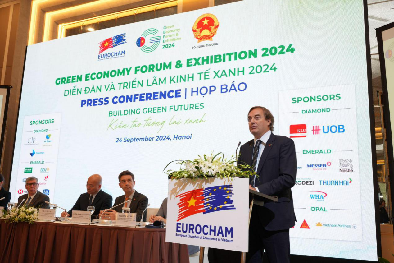Đại diện ban tổ chức phát biểu trong họp báo công bố GEFE 2024, tại Hà Nội, cuối tháng 9. Ảnh: EuroCham