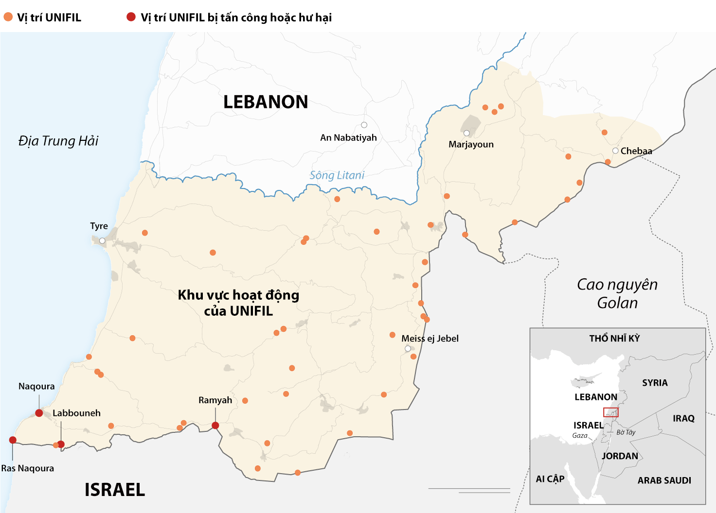Khu vực hoạt động của UNIFIL tại Lebanon. Đồ họa: CNN