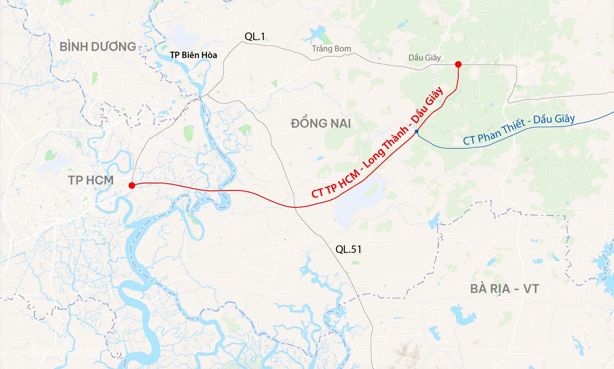Hướng tuyến cao tốc TP HCM - Long Thành - Dầu Giây. Đồ họa: Đăng Hiếu