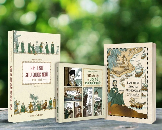 Các tác phẩm nghiên cứu về chữ quốc ngữ của tác giả Kiều Ly. Ảnh: Kim Đồng, Omega Books