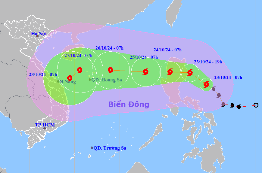 Dự báo hướng đi của bão Trà Mi, sáng 23/10. Ảnh: NCHMF