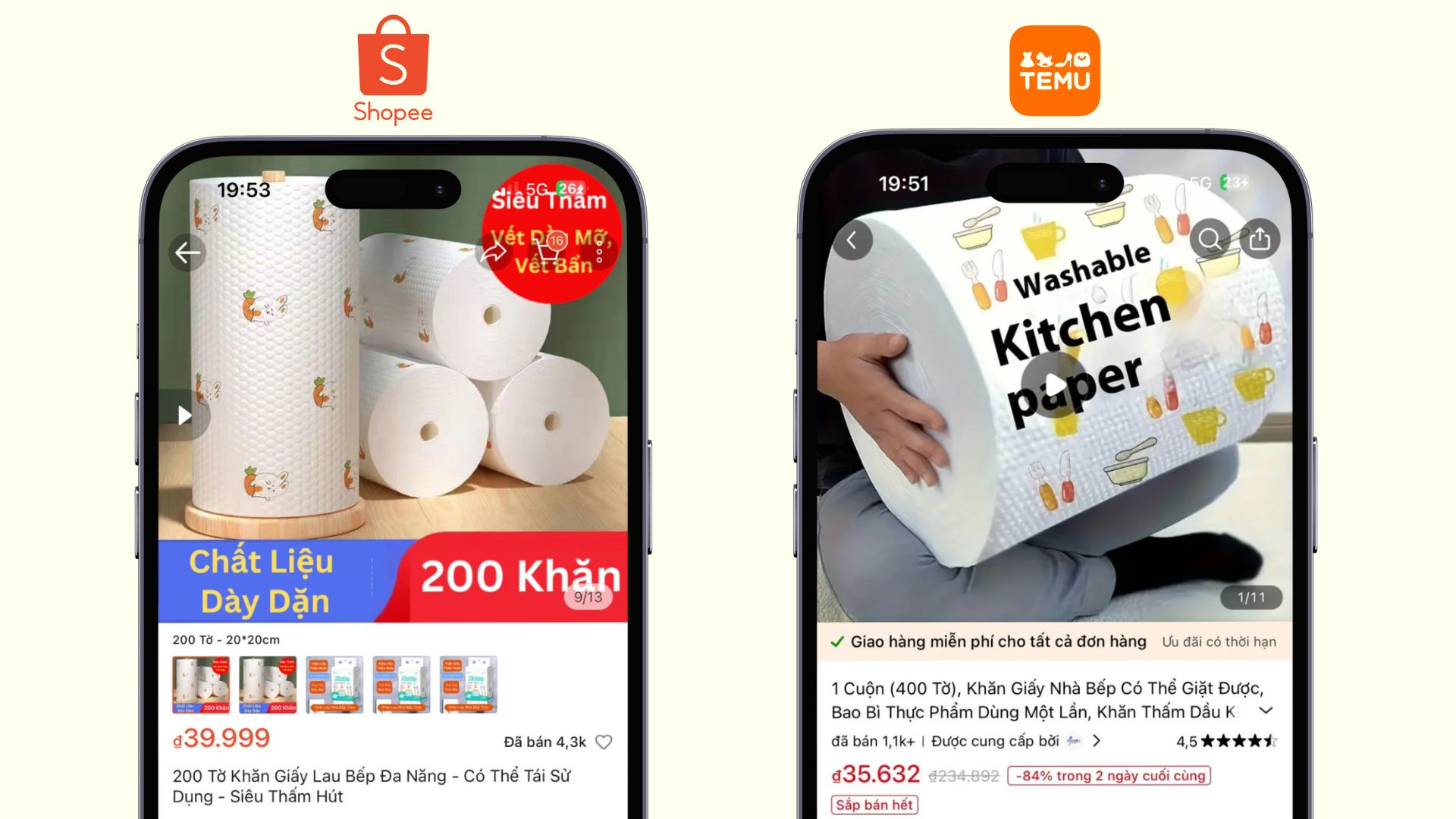 So sánh cuộn giấy 200 tờ giá gần 40.000 đồng trên Shopee và 400 tờ giá hơn 35.000 đồng trên Temu của chị Thanh Tâm. Đồ họa: Viễn Thông