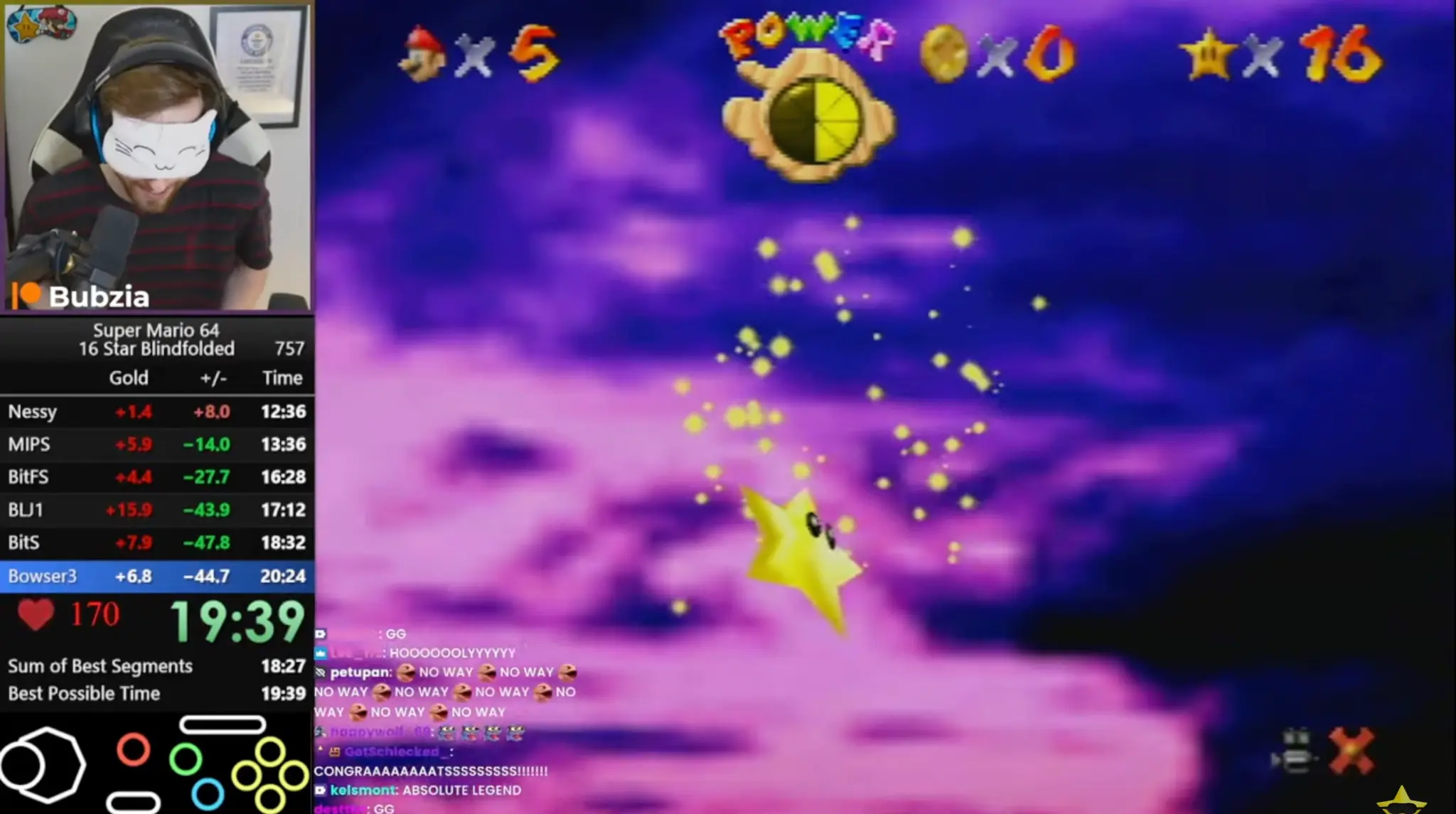Khoảnh khắc Bubzia giành được 16 Ngôi sao sức mạnh của game Super Mario 64. Ảnh: YouTube/Bubzia