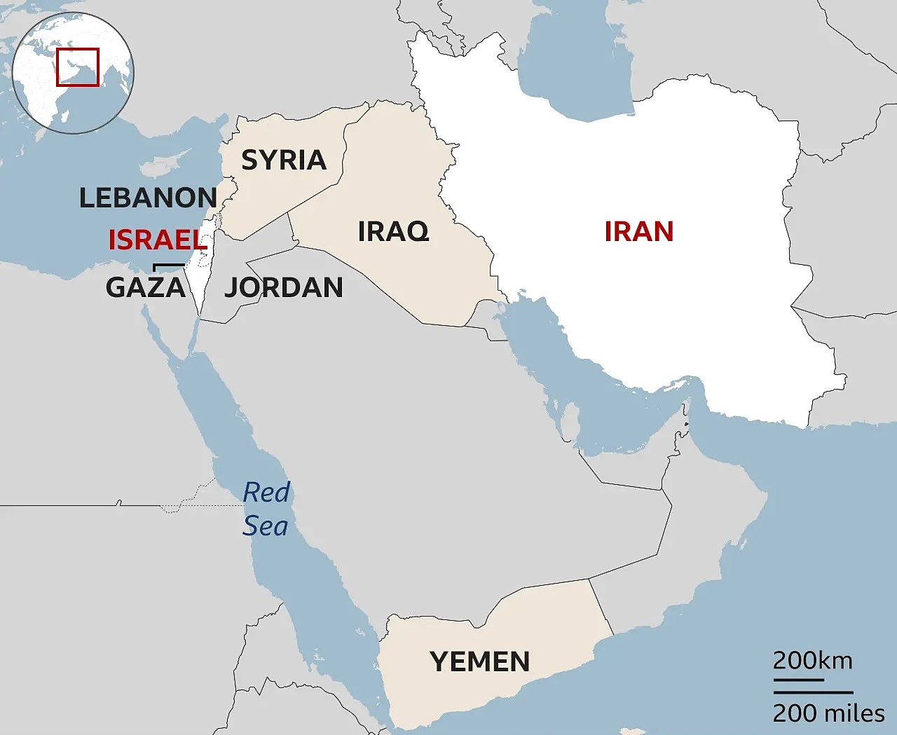 Vị trí Israel, Iraq và Iran. Đồ họa: BBC