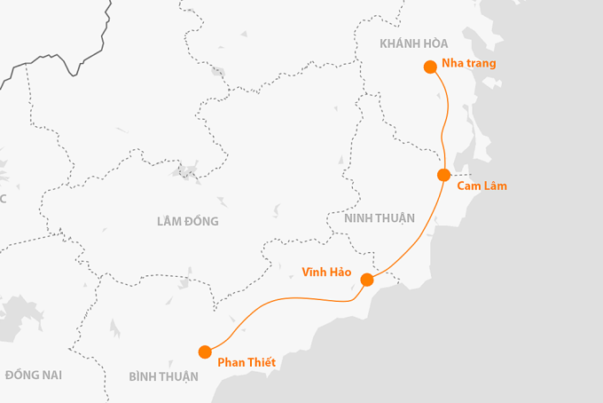 Hướng tuyến cao tốc Vĩnh Hảo - Phan Thiết. Đồ họa: Khánh Hoàng