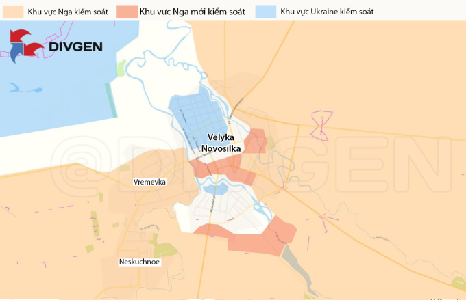 Cục diện chiến sự quanh thị trấn Velyka Novosilka, tỉnh Donetsk. Đồ họa: Divgen