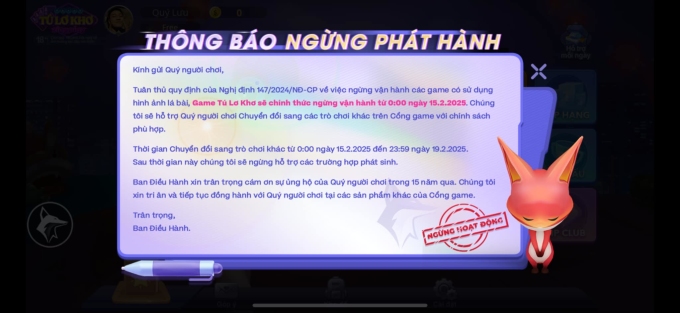 Thông báo Ngừng phát hành của trò Tú Lơ Khơ trên cổng ZingPlay. Ảnh chụp màn hình