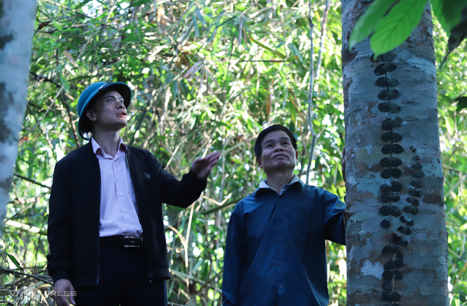 Phó chủ tịch xã Diên Lãm Quang Thanh Tý (góc trái) cùng trưởng bản Hốc Quang Văn Đồng trong chuyến tuần tra rừng Pù Hốc hồi đầu năm 2025. Ảnh: Đức Hùng