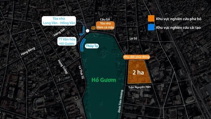 Hai khu vực nghiên cứu quy hoạch mở rộng không gian Hồ Gươm (màu vàng). Đồ họa: Đỗ Nam