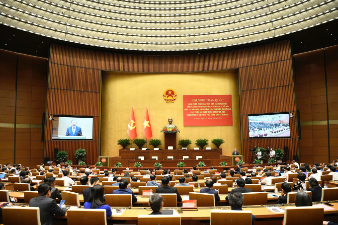 Đại biểu dự hội nghị tại điểm cầu Diên Hồng, Nhà Quốc hội, Hà Nội. Ảnh: Hoàng Phong