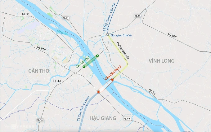 Vị trí cầu Cần Thơ và dự án cầu dự tính xây dựng. Đồ họa: Khánh Hoàng